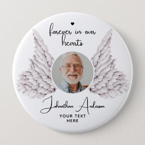 Forever In Our Hearts Angel Wings Photo Funeral Button