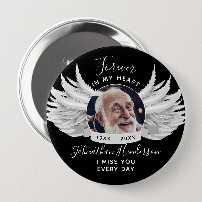 Forever In Our Hearts Angel Wings Photo Funeral Button (Front & Back)