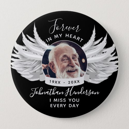 Forever In Our Hearts Angel Wings Photo Funeral Button