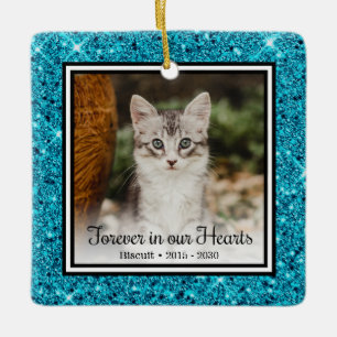 Forever In Our Hearts Aqua Glitter Cat Memorial Ceramic Ornament