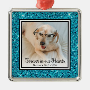 Forever In Our Hearts Aqua Glitter Dog Memorial Metal Ornament