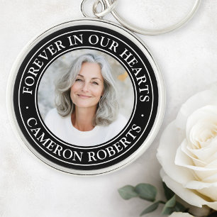 Forever in our hearts black border photo memorial keychain