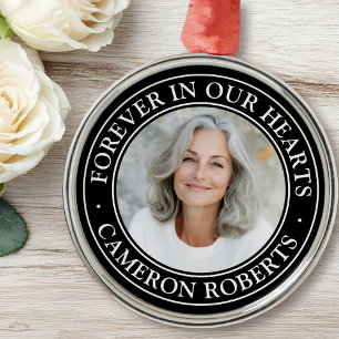 Forever in our hearts black border photo memorial metal ornament