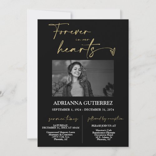 Forever in Our Hearts Black Gold Funeral Memorial Invitation