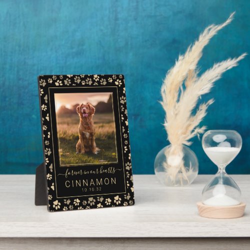 Forever in Our Hearts Black Gold Paw Print Photo Plaque