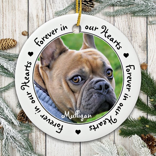 Forever in our Hearts Black Photo Pet Memorial Ceramic Ornament (Creator Uploaded)