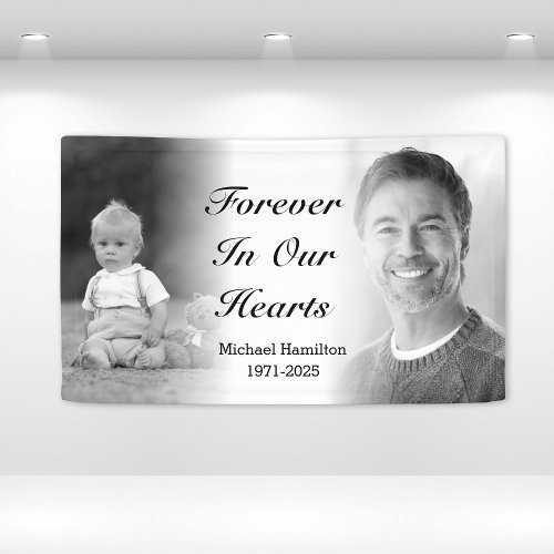 Forever In Our Hearts Black  White Photo Memorial Banner