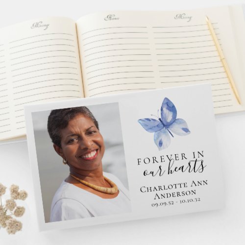Forever in Our Hearts Blue Butterfly Funeral Guest Book