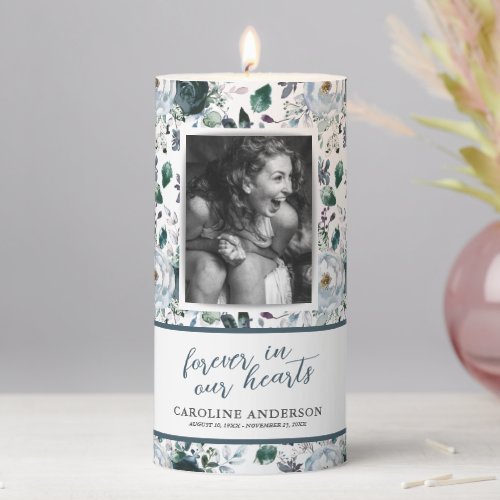 Forever in our Hearts Blue Floral Photo Pillar Candle