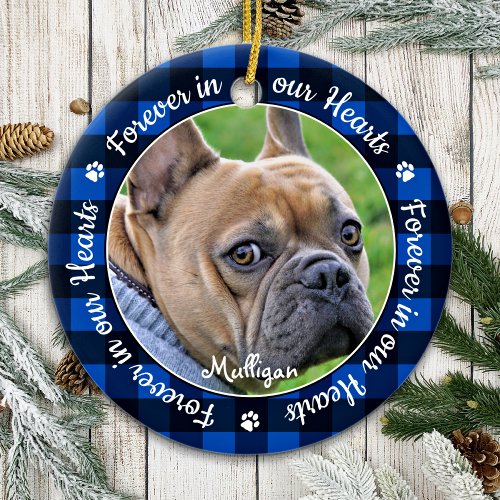 Forever in our Hearts Blue Plaid Pet Dog Memorial Ceramic Ornament