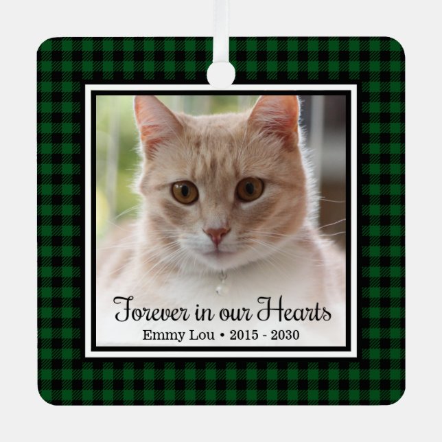 Forever In Our Hearts Buffalo Check Cat Memorial Metal Ornament (Front)