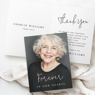 Forever in our hearts casual script funeral photo letterpress thank you card