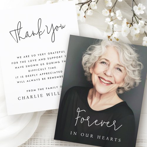 Forever in our hearts casual script funeral photo thank you card