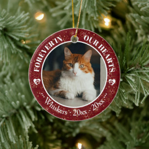 Forever in Our Hearts Cat Photo and Name Memorial Ceramic Ornament