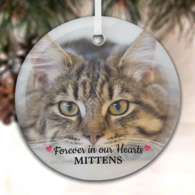 Forever In Our Hearts Cat Photo Pet Memorial Glass Ornament | Zazzle