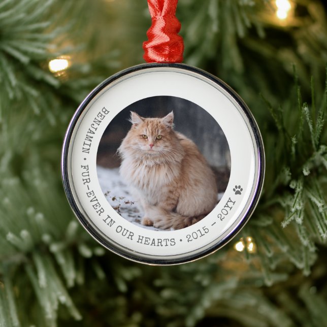 Forever in Our Hearts Cat Photo Pet Memorial Metal Ornament (Tree)