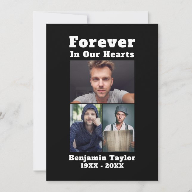 Forever In Our Hearts Custom 3 Photo Black White Thank You Card (Front)