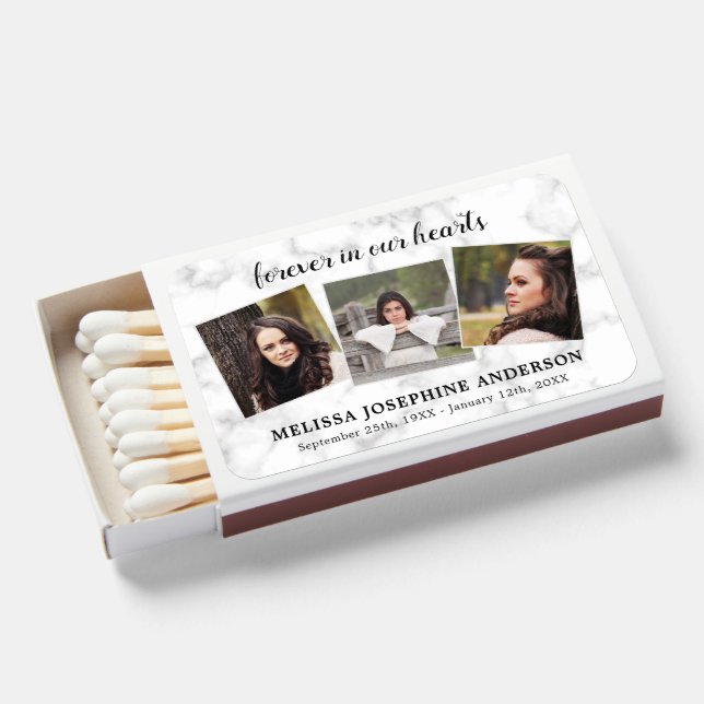 Forever In Our Hearts Custom 3 Photo Funeral Matchboxes (Front Open)