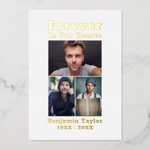 Forever In Our Hearts Custom 3 Photo White Gold Foil Invitation