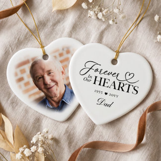 Forever in Our Hearts Dad Heart Photo Memorial Ceramic Ornament