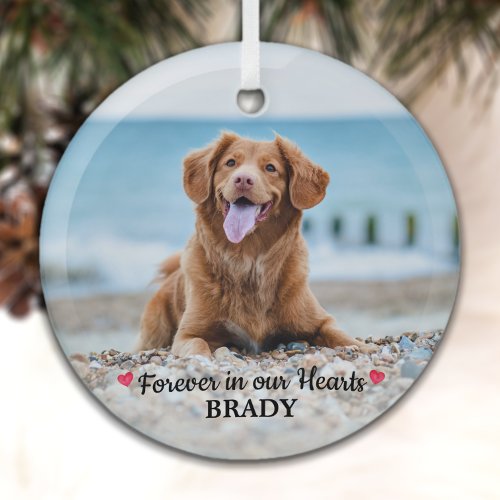 Forever In Our Hearts Dog Photo Pet Memorial Glass Ornament