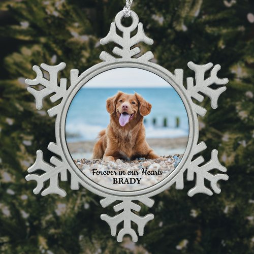 Forever in our Hearts _ Dog Photo Pet Memorial Snowflake Pewter Christmas Ornament