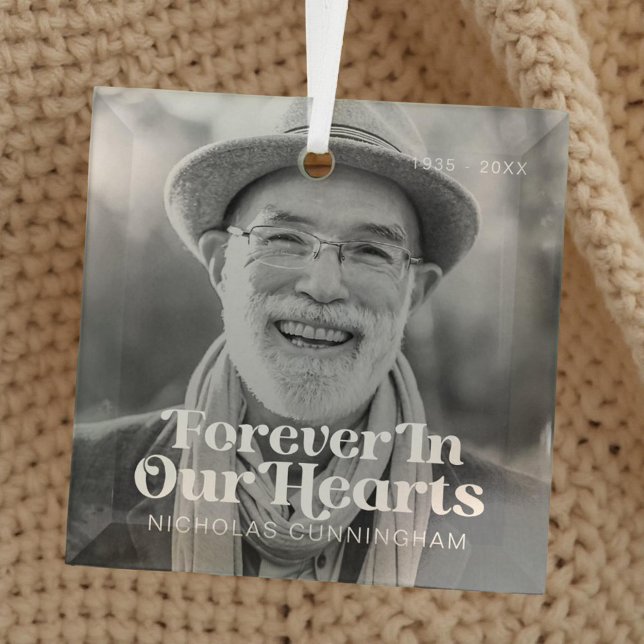 Forever In Our Hearts Elegant Photo Memorial Glass Ornament (Creator Uploaded)