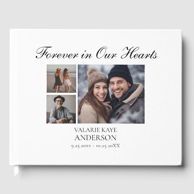Forever in Our Hearts Elegant Script Photo Guest Book (Front)
