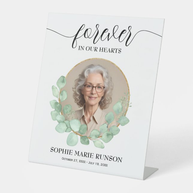 Forever in our Hearts Eucalyptus Funeral Pedestal Sign (Front)