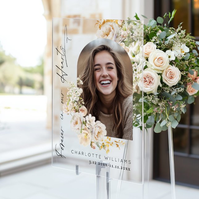 Forever in our hearts Floral Photo Funeral Welcome Acrylic Sign (Creator Uploaded)