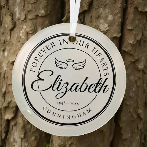 Forever in our Hearts Funeral Memorial Angel Wings Glass Ornament