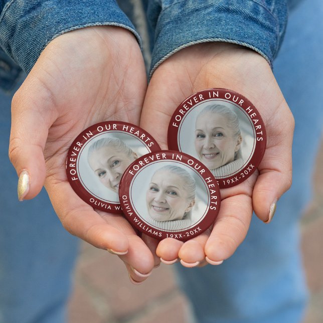 Forever in Our Hearts Funeral Memorial Red Photo Button (Creator Uploaded)