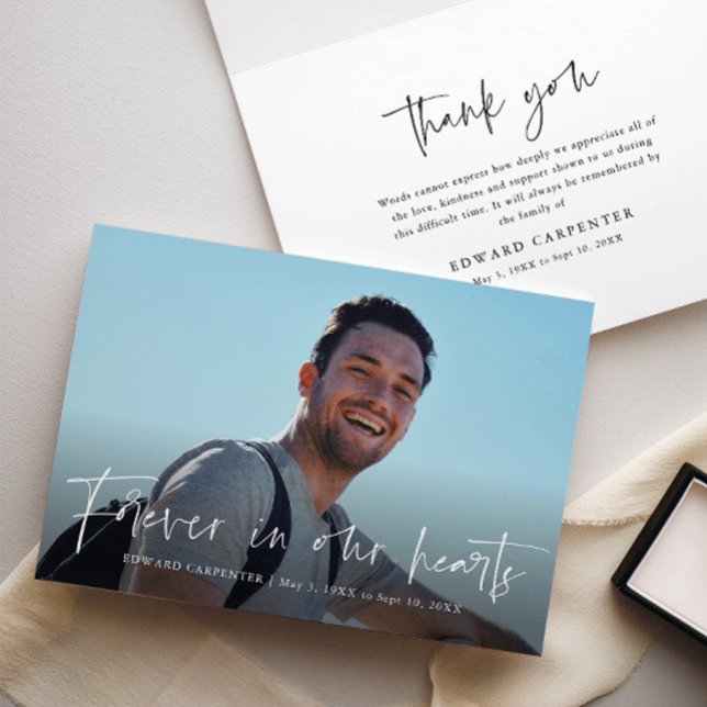 Forever in our Hearts Funeral Memorial Thank You Card (Modern script forever in our hearts folded photo memorial thank you card.)