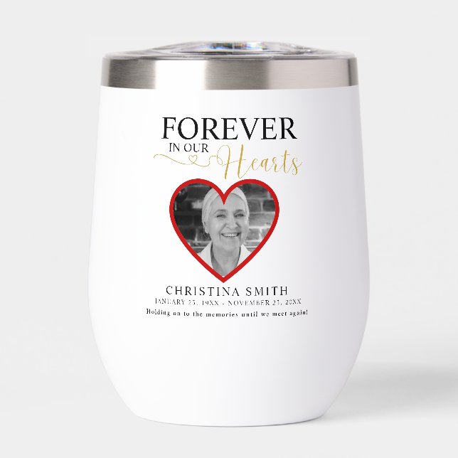 Forever in our hearts Funeral Photo Memorial  Tri- Thermal Wine Tumbler (Front)