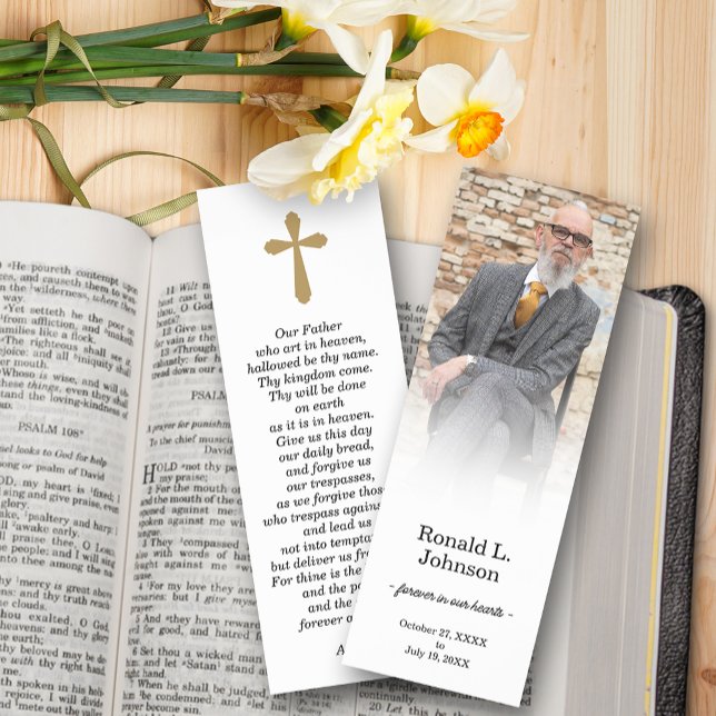 Forever in Our Hearts Funeral Prayer Photo Bookmarks (Forever in Our Hearts bookmarks, your photo and details on the front and Lord's Prayer on the back)