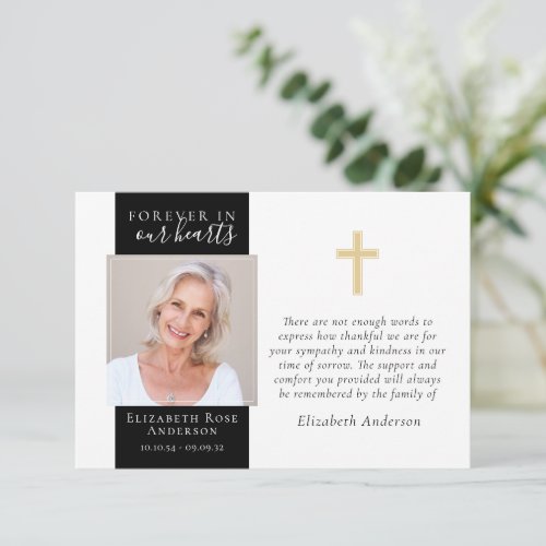 Forever in Our Hearts Gold Cross Photo Sympathy Thank You Card