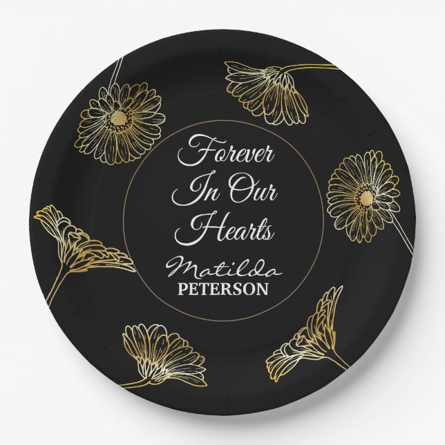 Forever in Our Hearts Gold Flowers Funeral  Paper Plates (Front)