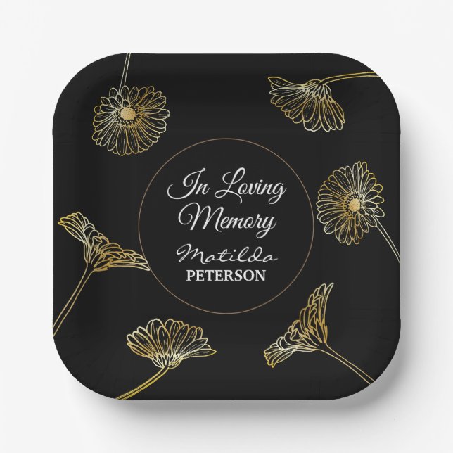 Forever in Our Hearts Gold Flowers Funeral  Paper Plates (Front)