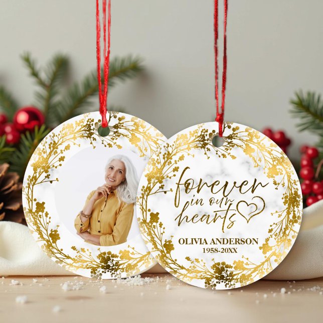 Forever In Our Hearts Gold Foil Photo Memorial Ceramic Ornament (Creator Uploaded)
