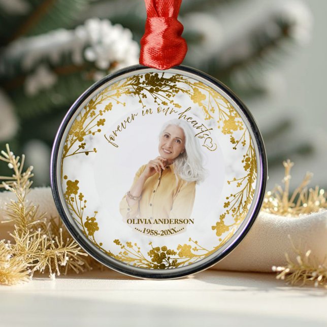 Forever In Our Hearts Gold Foil Photo Memorial Metal Ornament (Creator Uploaded)