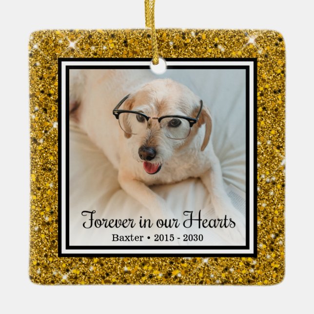 Forever In Our Hearts Gold Glitter Dog Memorial Ceramic Ornament (Front)