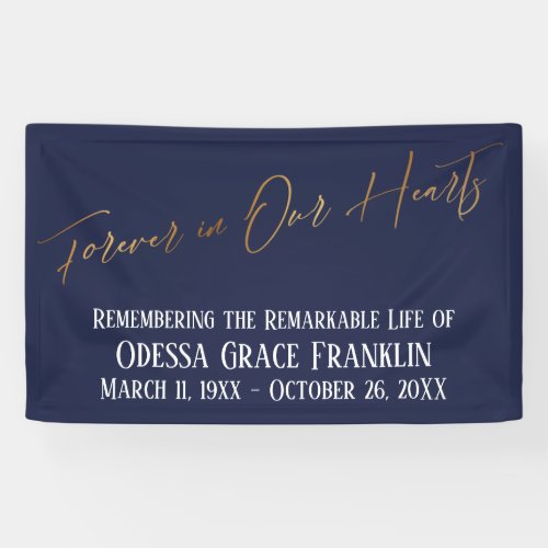 Forever in Our Hearts Gold Handwriting on Navy Banner
