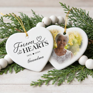 Forever in Our Hearts Grandma Heart Photo Memorial Ceramic Ornament