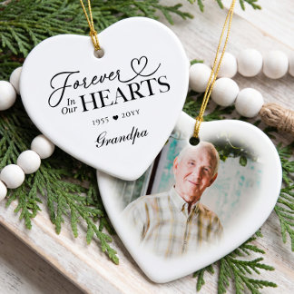 Forever in Our Hearts Grandpa Heart Photo Memorial Ceramic Ornament