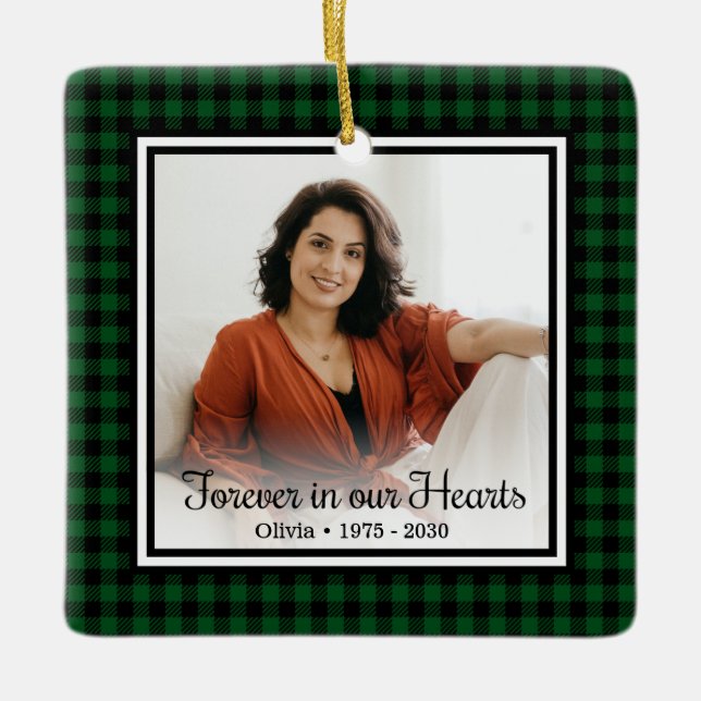Forever In Our Hearts Green Buffalo Plaid Memorial Ceramic Ornament (Front)