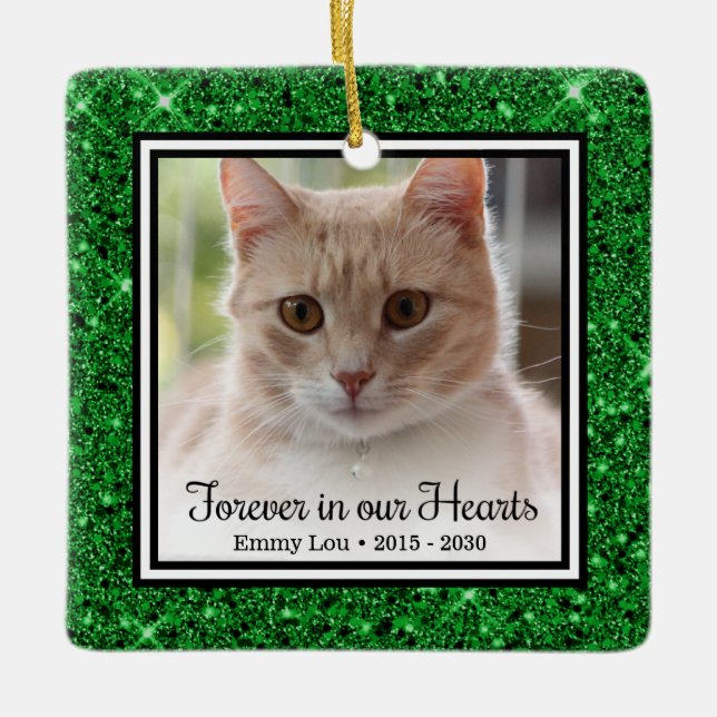 Forever In Our Hearts Green Glitter Cat Memorial Ceramic Ornament (Front)