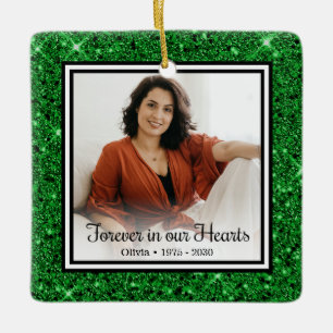 Forever In Our Hearts Green Glitter Memorial Ceramic Ornament