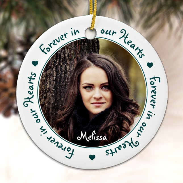 Forever in our Hearts Green Photo Memorials Ceramic Ornament (Creator Uploaded)