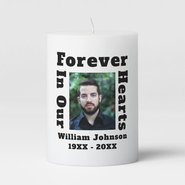 Forever In Our Hearts Grief In Loving Memory Photo Pillar Candle (Front)