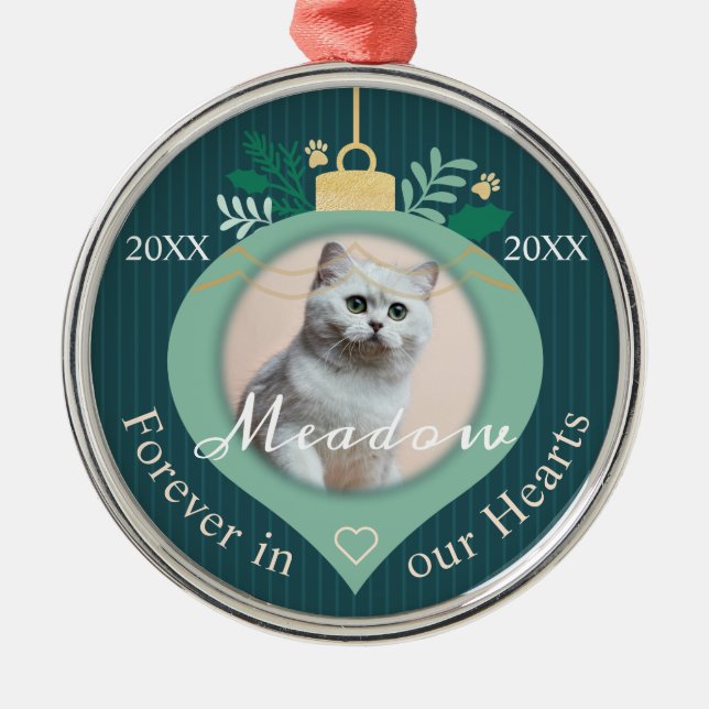 Forever In Our Hearts | Holiday Pet Memorial Photo Metal Ornament (Front)